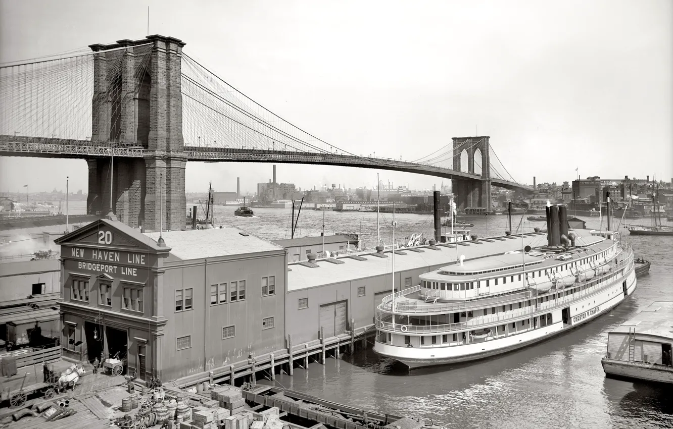 Фото обои корабль, Нью-Йорк, причал, США, Бруклинский мост, 1905-й год