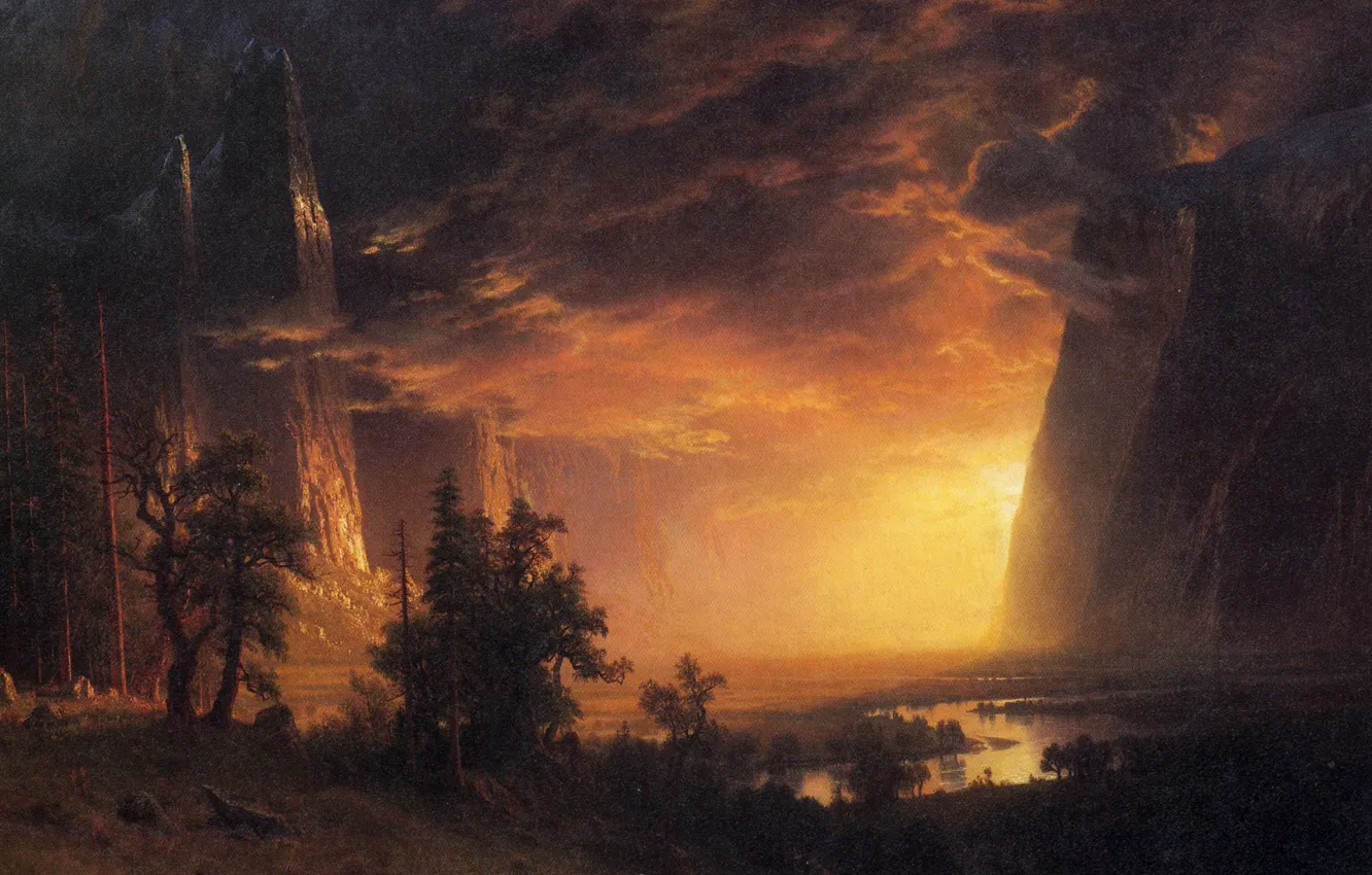 Фото обои облака, пейзаж, горы, скалы, картина, Альберт Бирштадт, Закат в Долине Йосемити