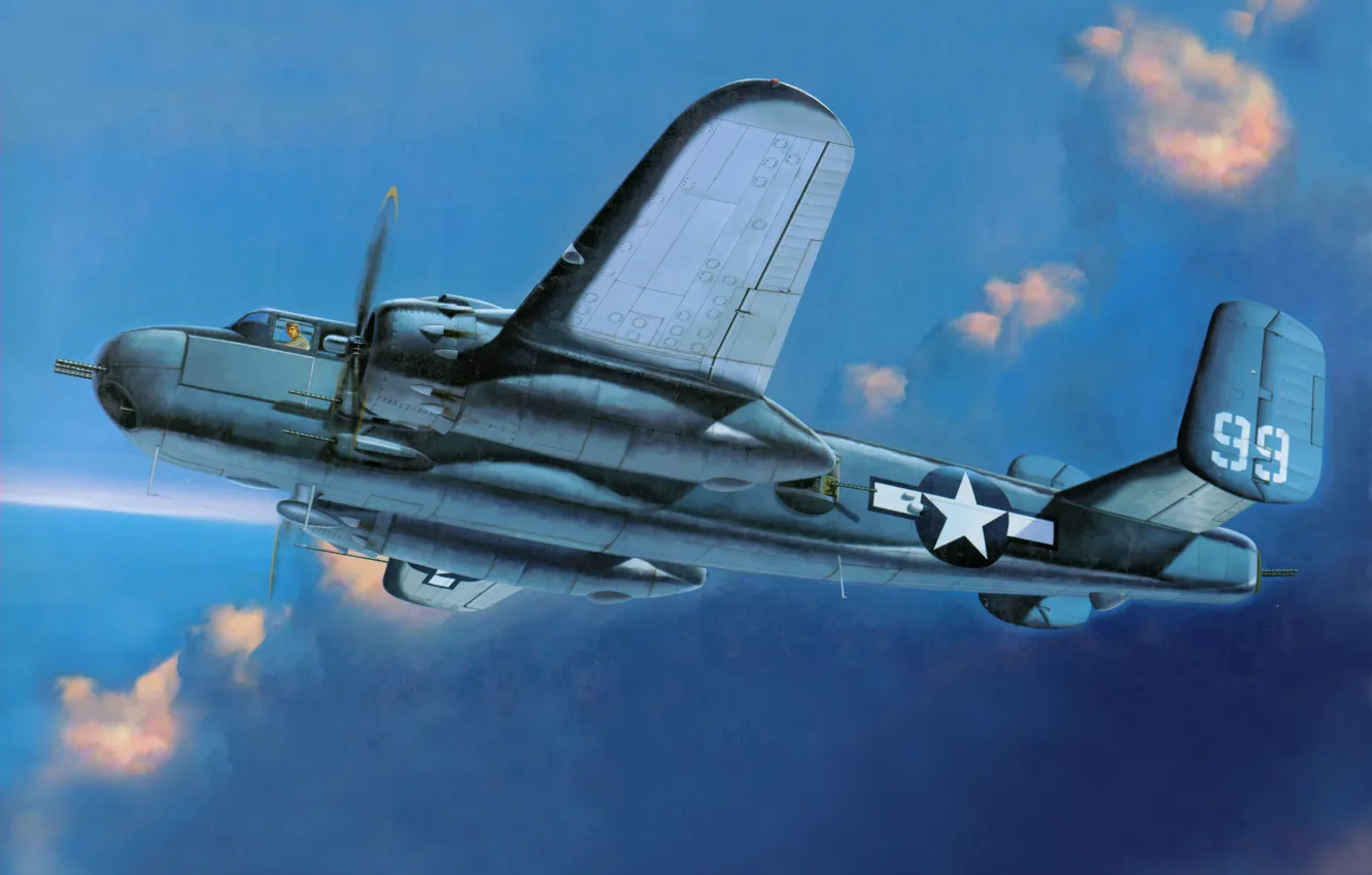 Фото обои небо, рисунок, арт, бомбардировщик, действия, американский, двухмоторный, WW2