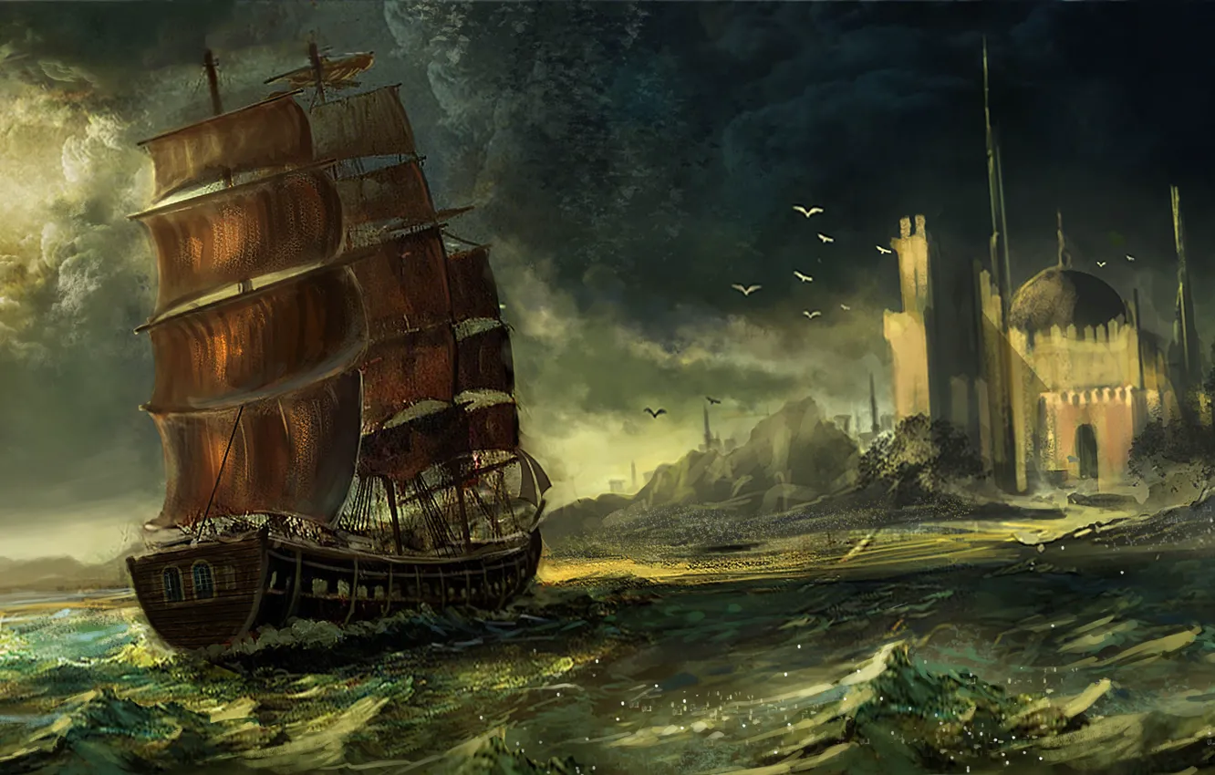 Фото обои море, город, корабль, парусник, арт, купол, Waqas Mallick