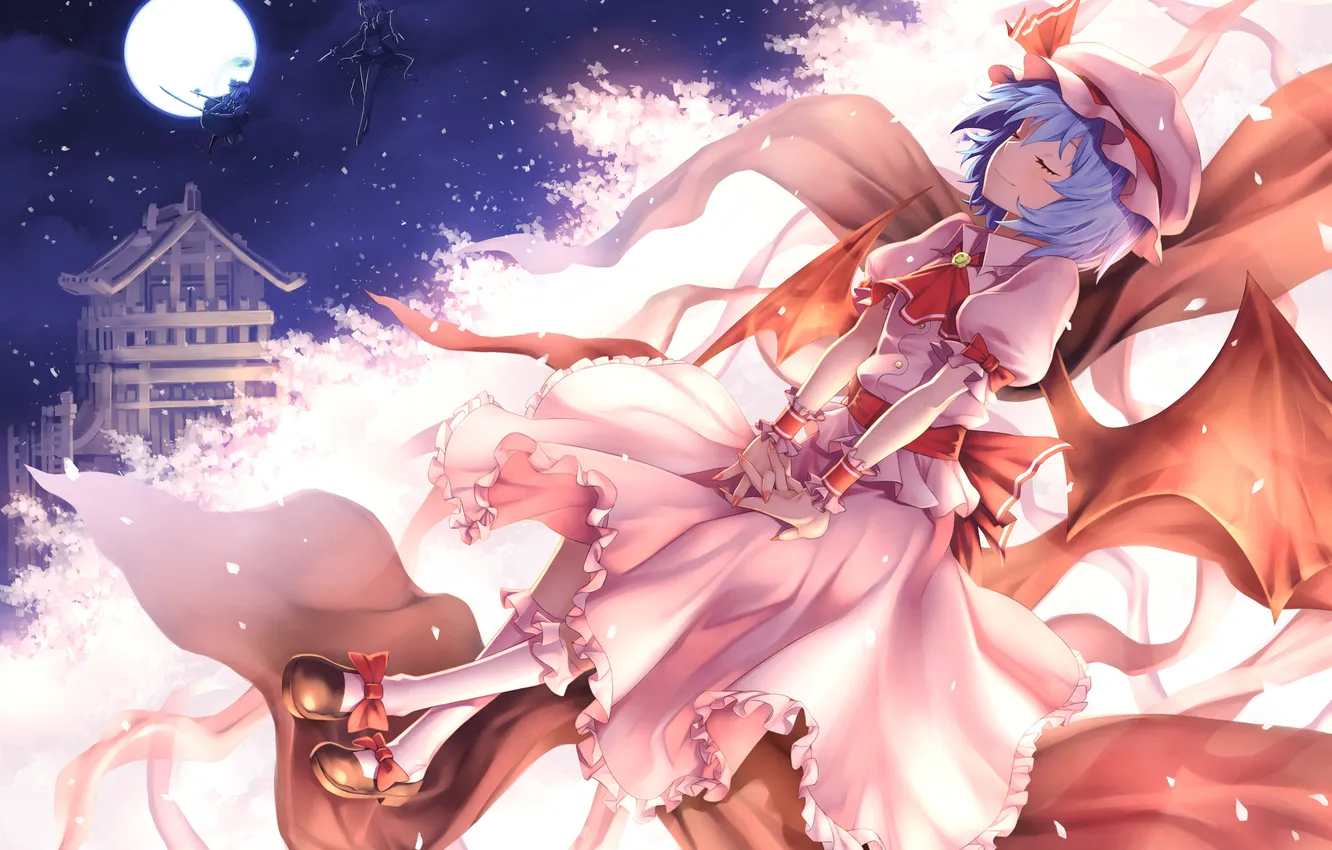 Фото обои ночь, девушки, дерево, луна, крылья, сакура, touhou, remilia scarlet