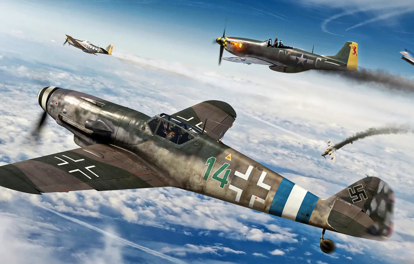 Фото обои Истребитель, Messerschmitt, P-51D, P-51 Mustang, Bf.109G-10, Bf-109G, Боевая авиация
