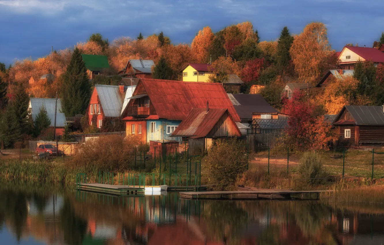 Фото обои осень, пейзаж, река, дома, деревня