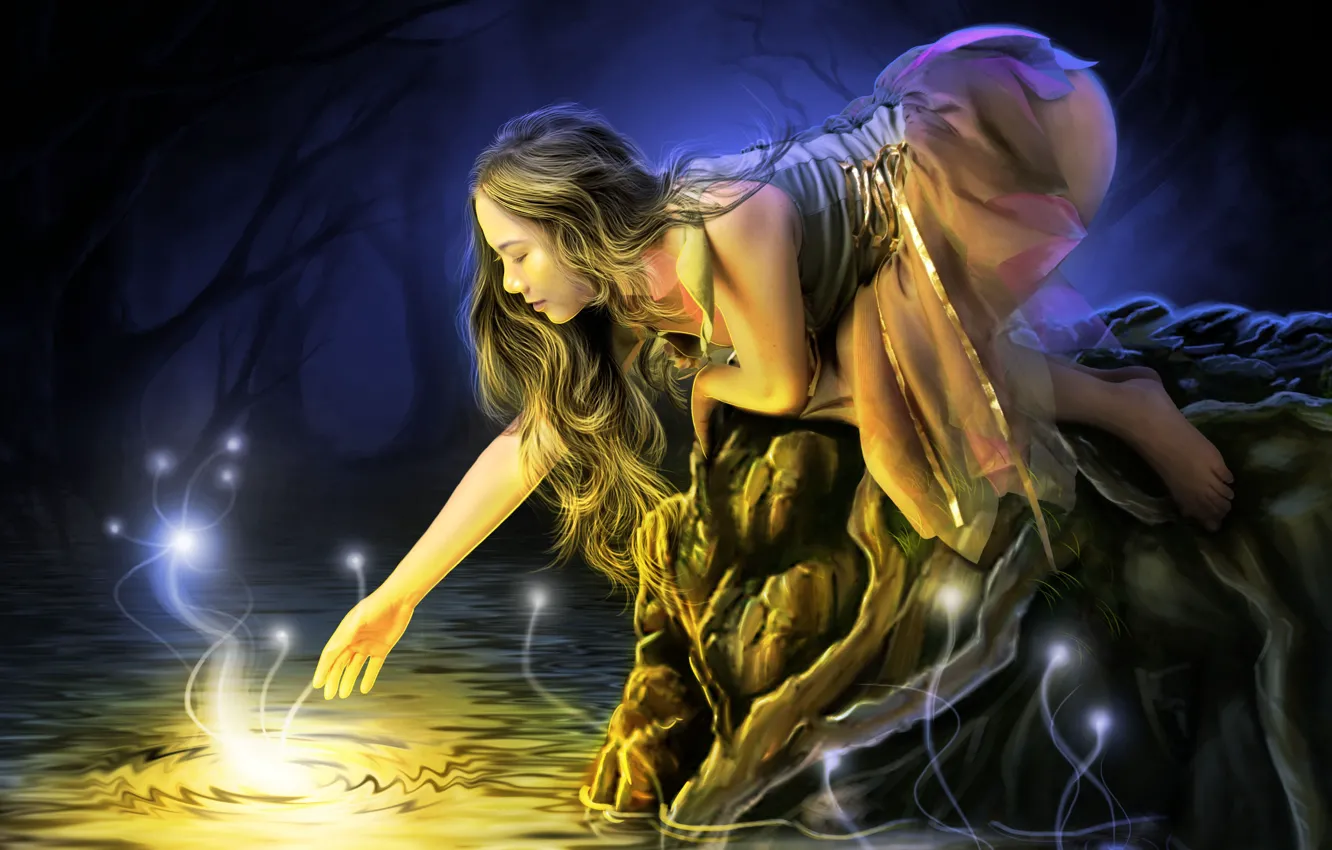 Фото обои вода, девушка, свет, деревья, лицо, огоньки, платье, профиль