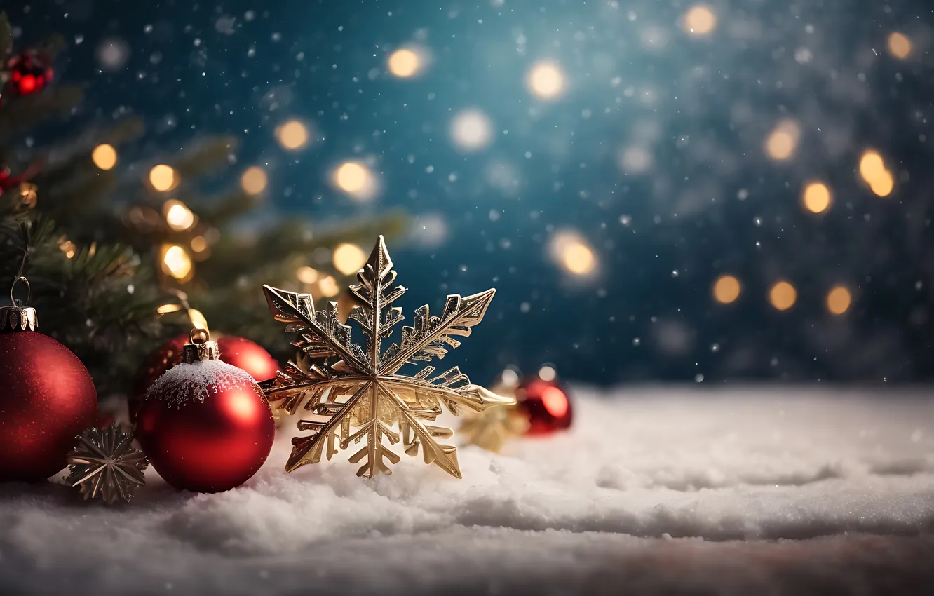 Фото обои снег, шары, елка, Рождество, Новый год, Christmas, balls, snow