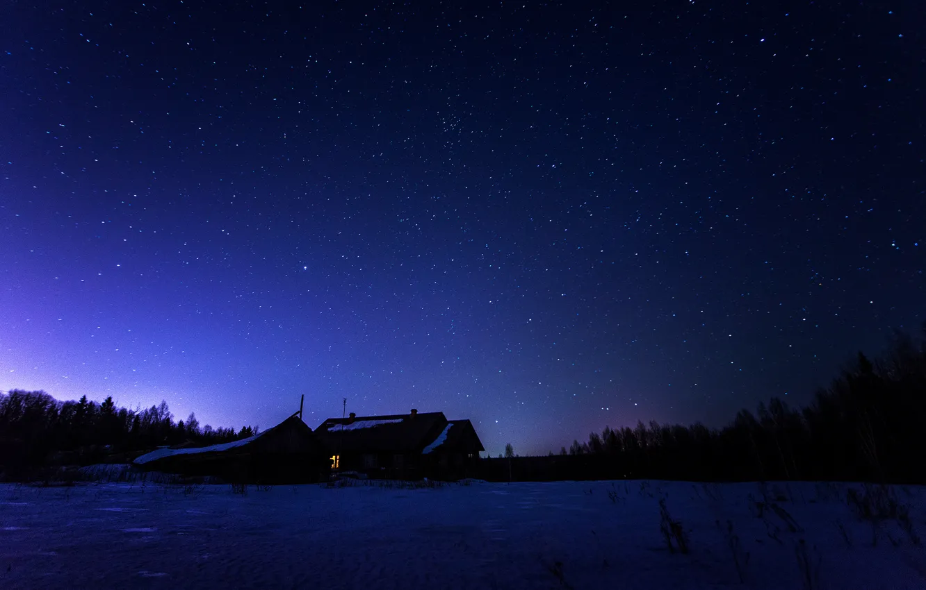 Фото обои зима, космос, звезды, ночь, пространство, домик