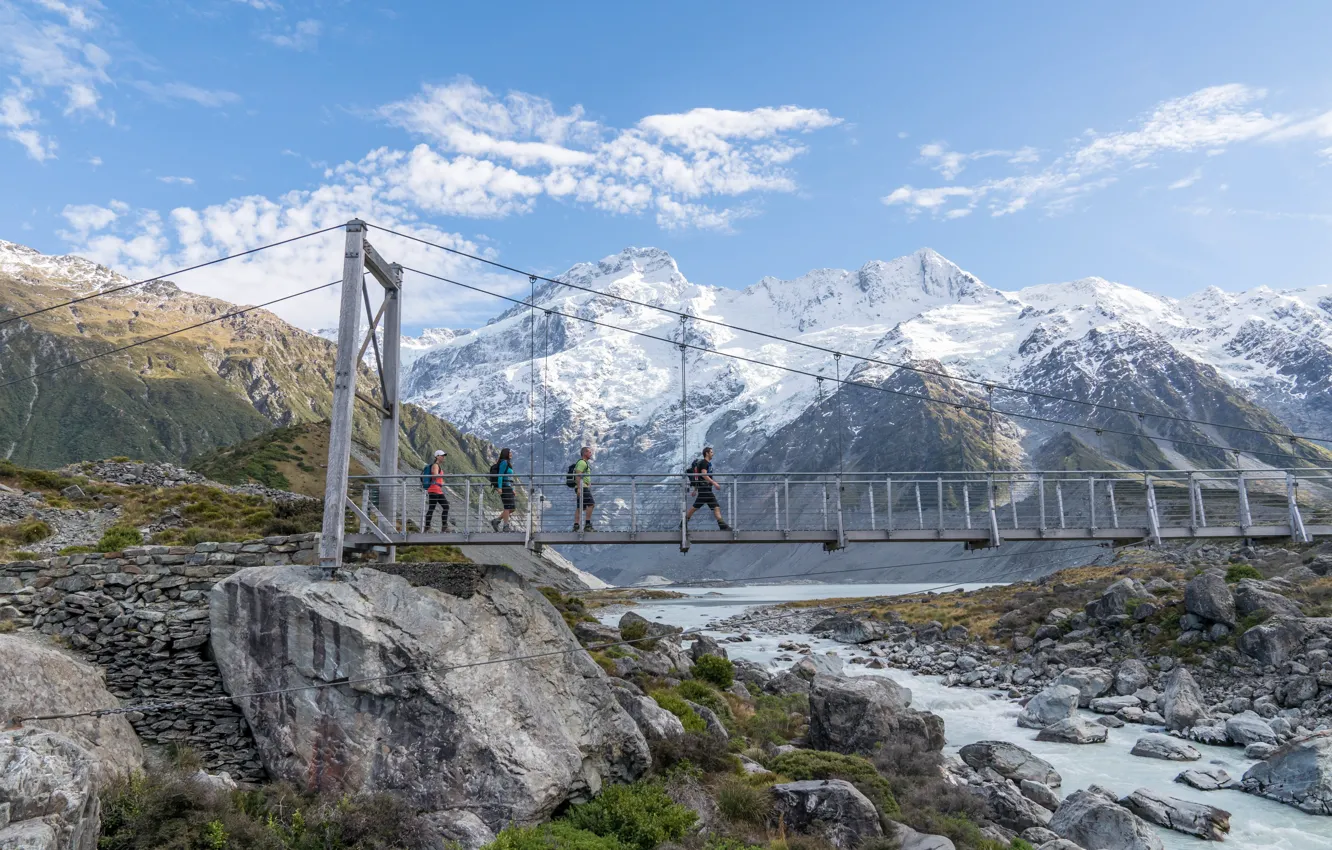 Фото обои Горы, Мост, Новая Зеландия, Люди, New Zealand, South Island, Южный остров, Приключения