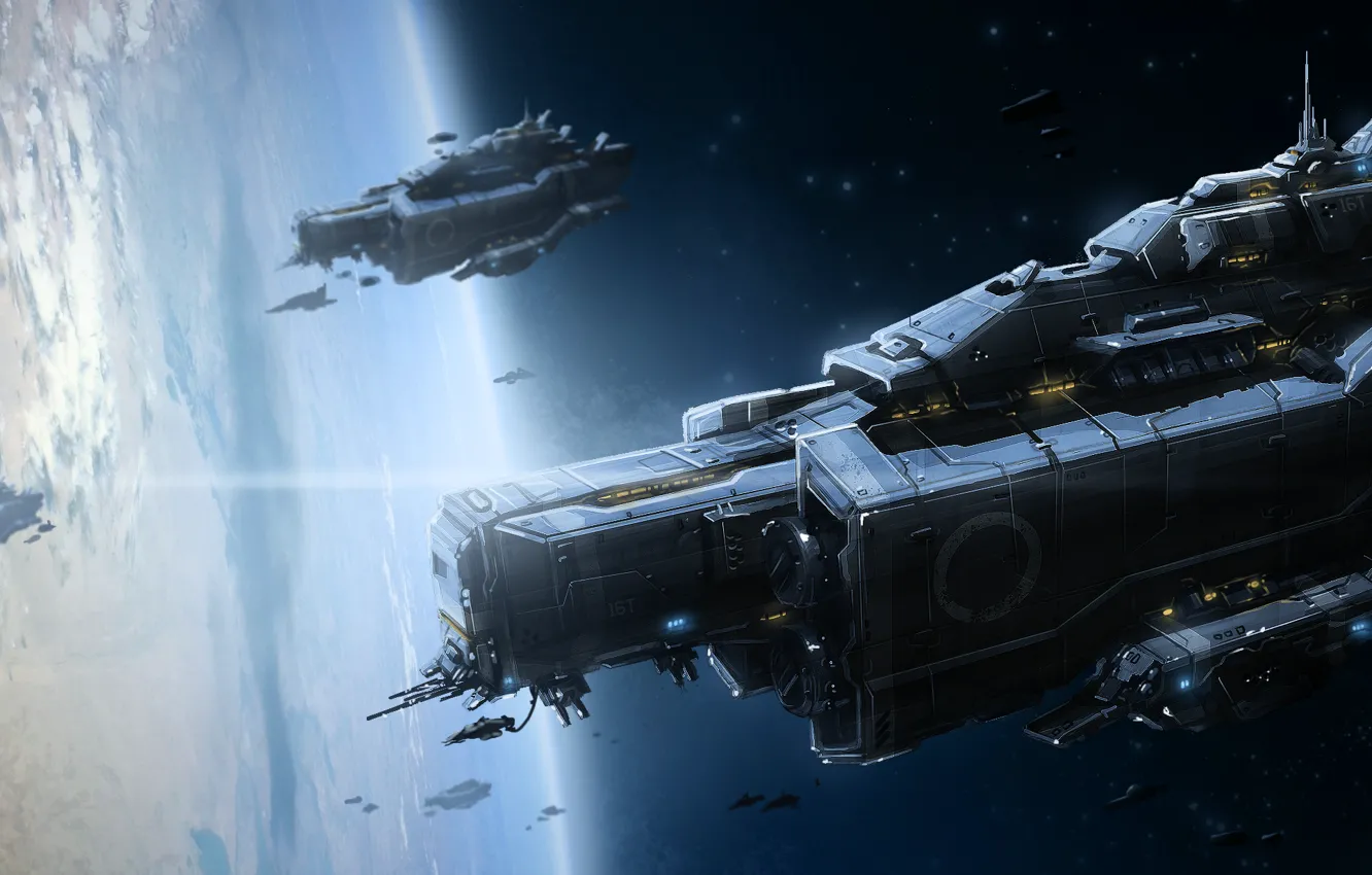 Фото обои космос, корабль, планета, атмосфера, арт, армада