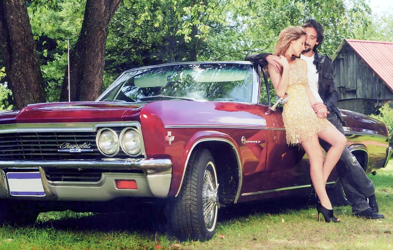 Фото обои деревья, дом, Chevrolet, шевроле, красная, 1964, Impala, импала