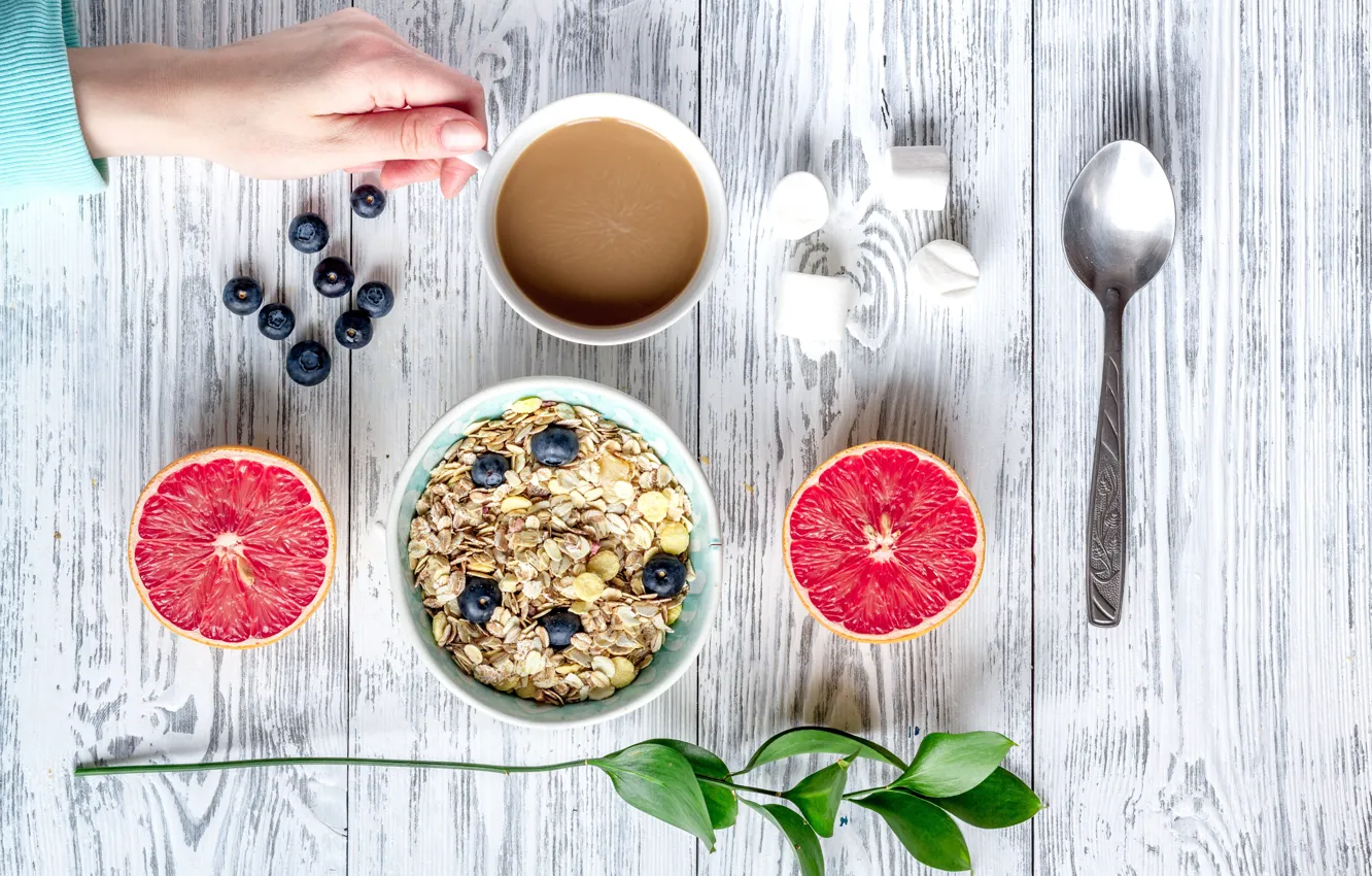 Фото обои ягоды, завтрак, черника, wood, грейпфрут, coffee cup, какао, breakfast