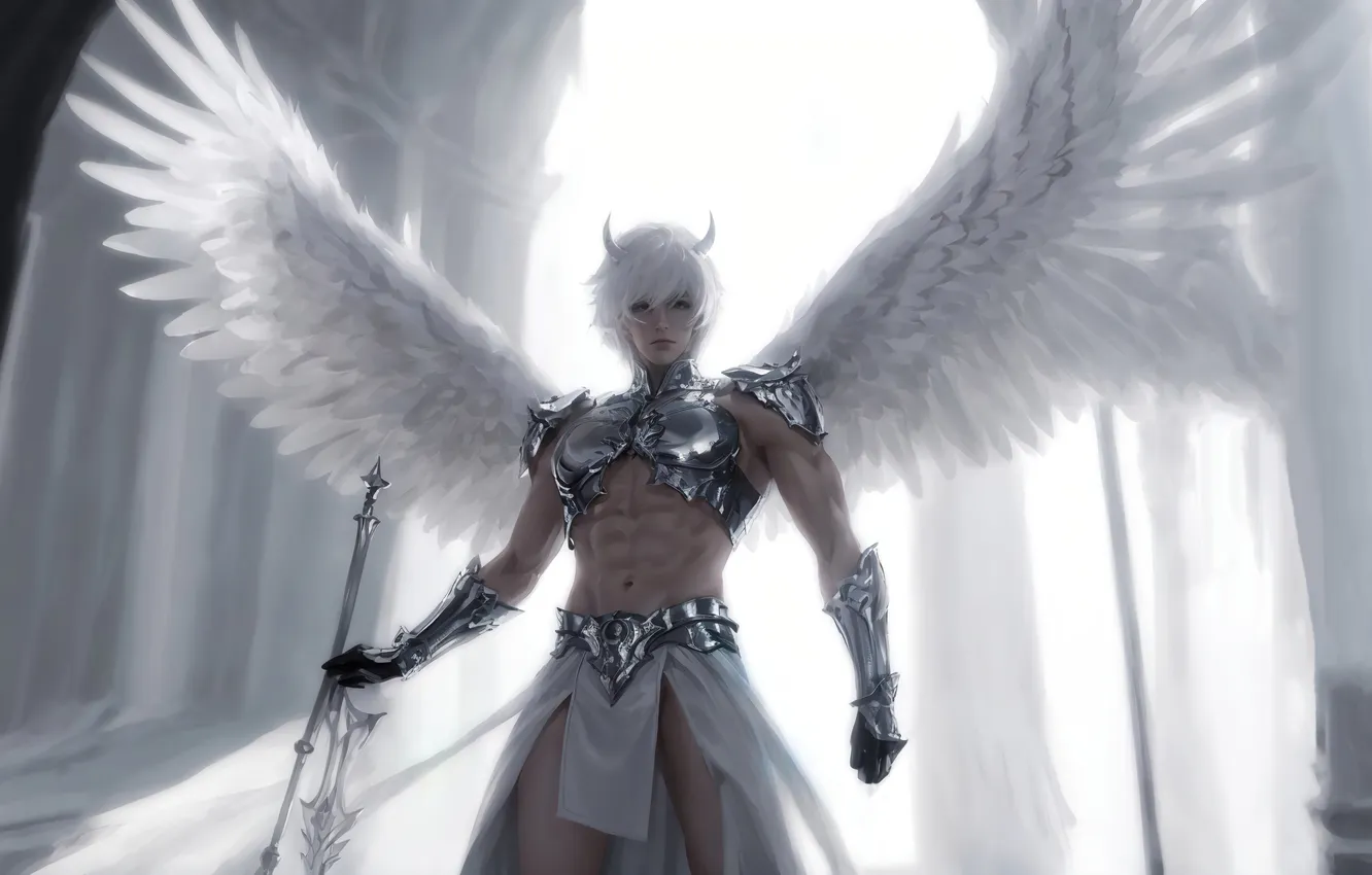 Фото обои horns, armor, art, wings, hybrid, men, fantasy art, white hair