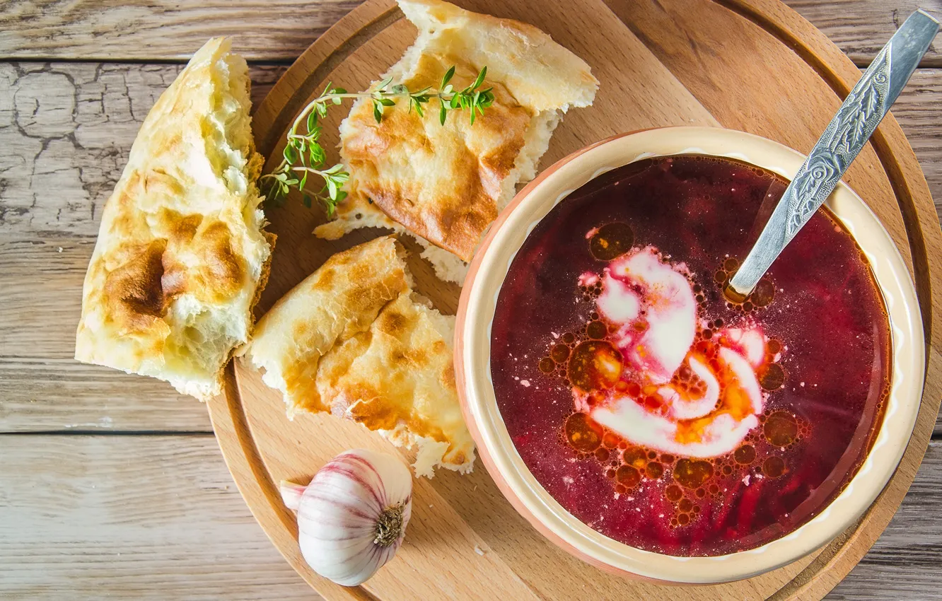 Фото обои доски, хлеб, суп, борщ, чеснок