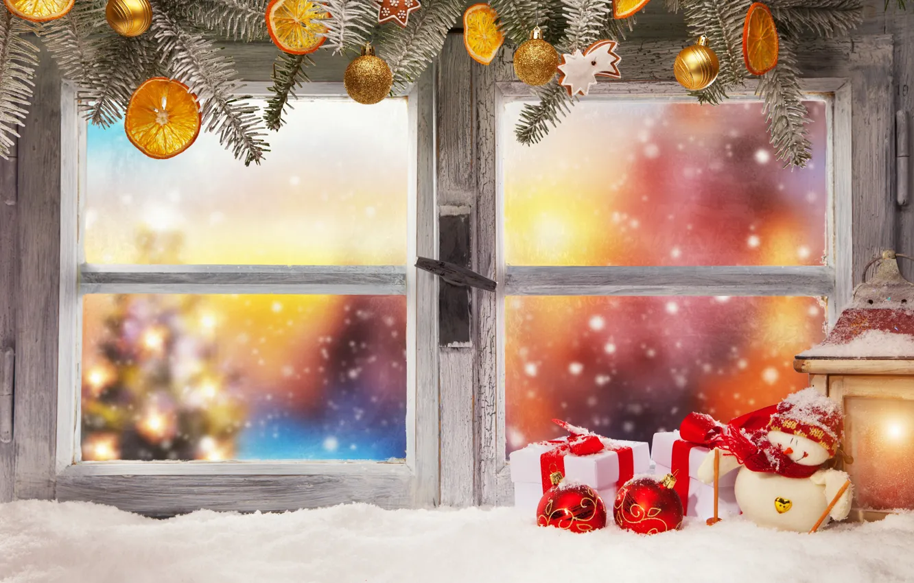 Фото обои зима, снег, украшения, Новый Год, окно, Рождество, подарки, Christmas