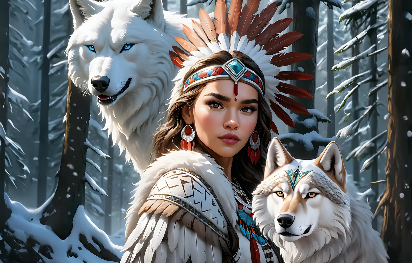 Фото обои зима, лес, белый, девушка, снег, деревья, волк, серьги