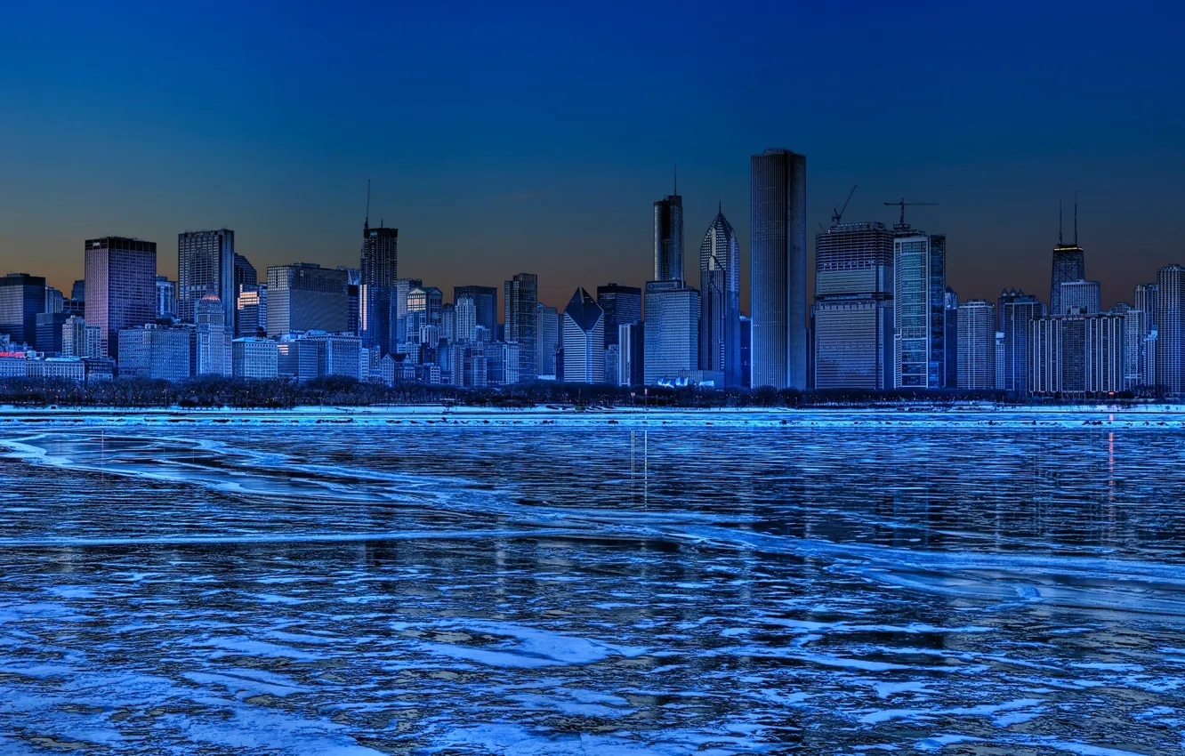 Фото обои синий, Зима, Лед, Небоскребы, панорама