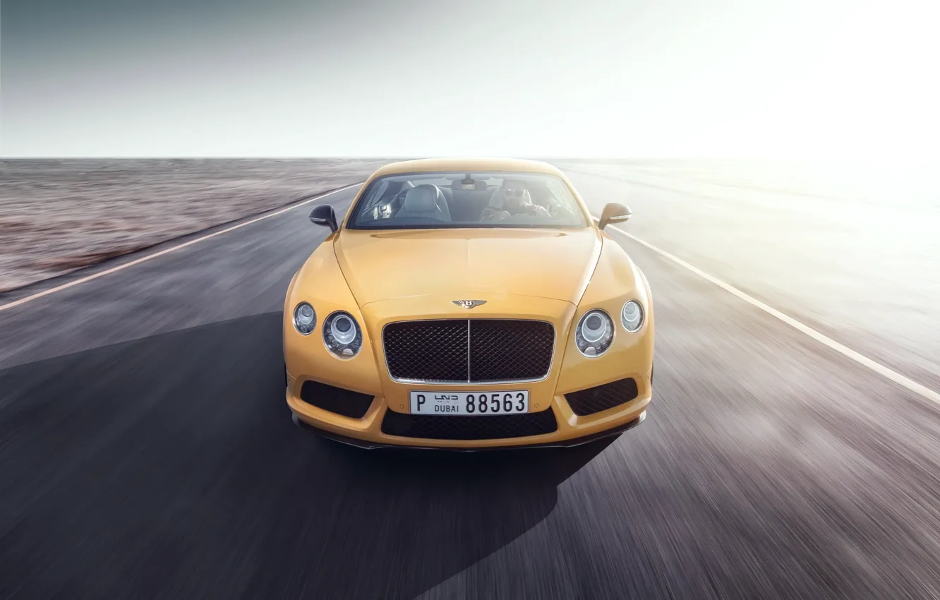 Фото обои Bentley, Continental, Car, Speed, Front, Yellow, Road