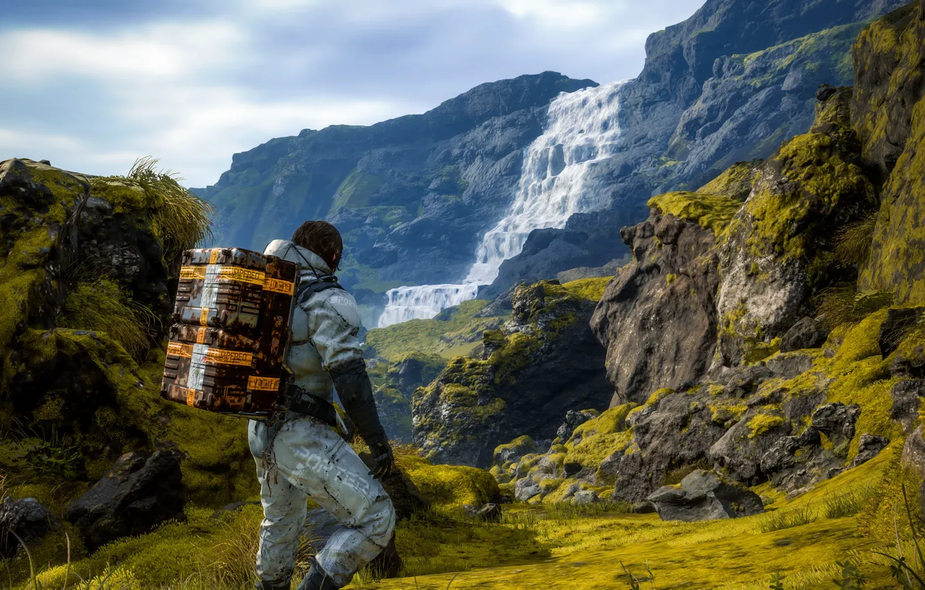Фото обои пейзаж, горы, игра, человек, водопад, Death Stranding