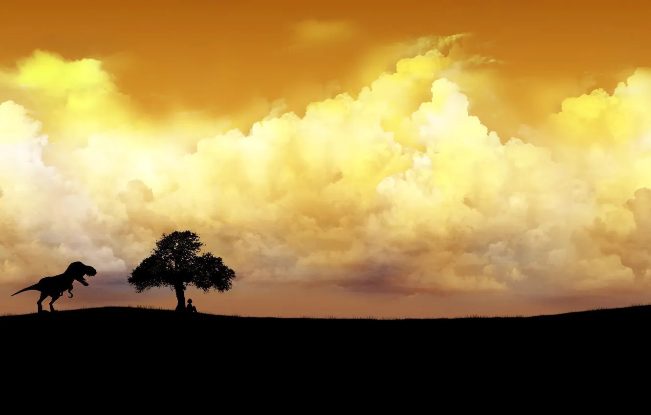 Фото обои небо, трава, облака, дерево, человек, динозавр