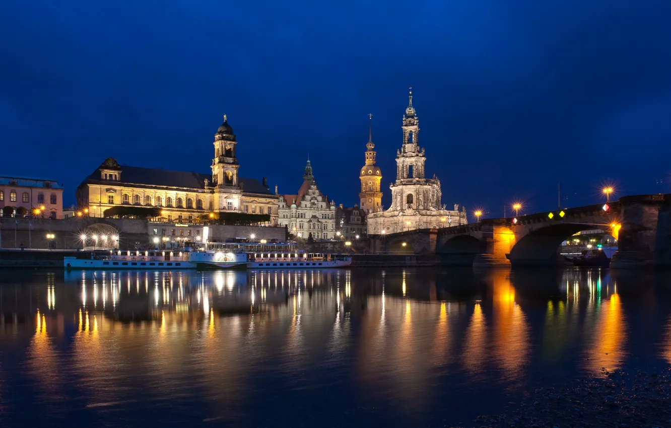 Фото обои ночь, город, река, Германия, Dresden
