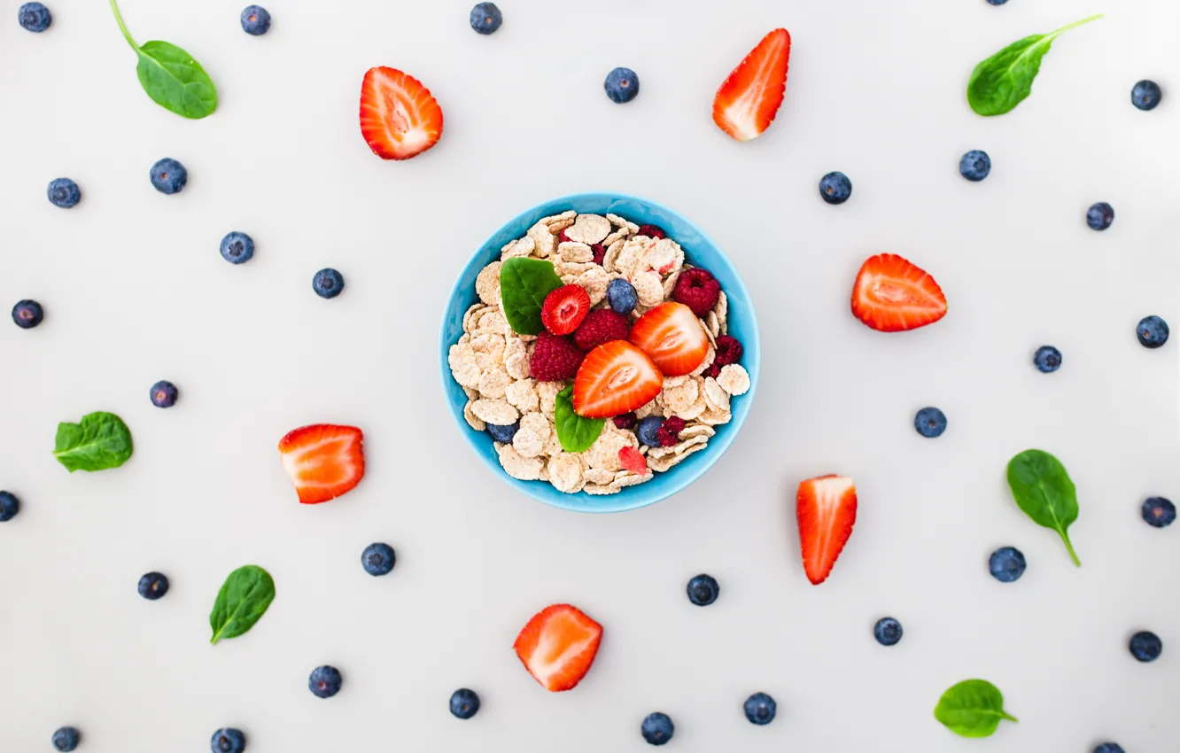 Фото обои ягоды, завтрак, черника, клубника, композиция, мюсли