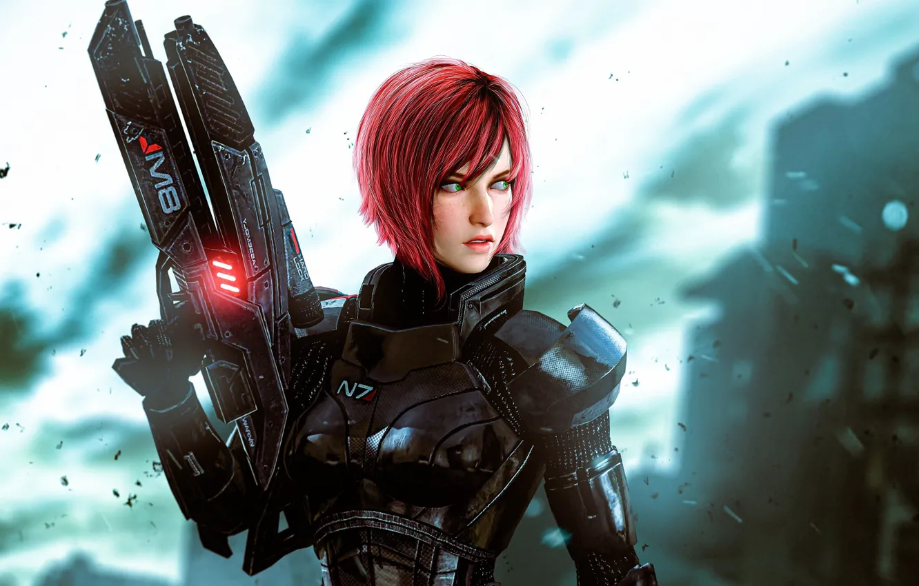 Фото обои девушка, оружие, пушка, броня, Mass Effect, Mass Effect: Andromeda