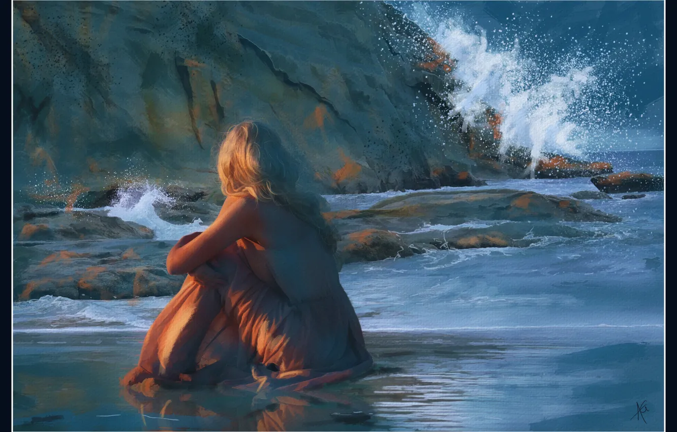 Фото обои море, волны, девушка, закат, скалы, романтика, рисунок, графика