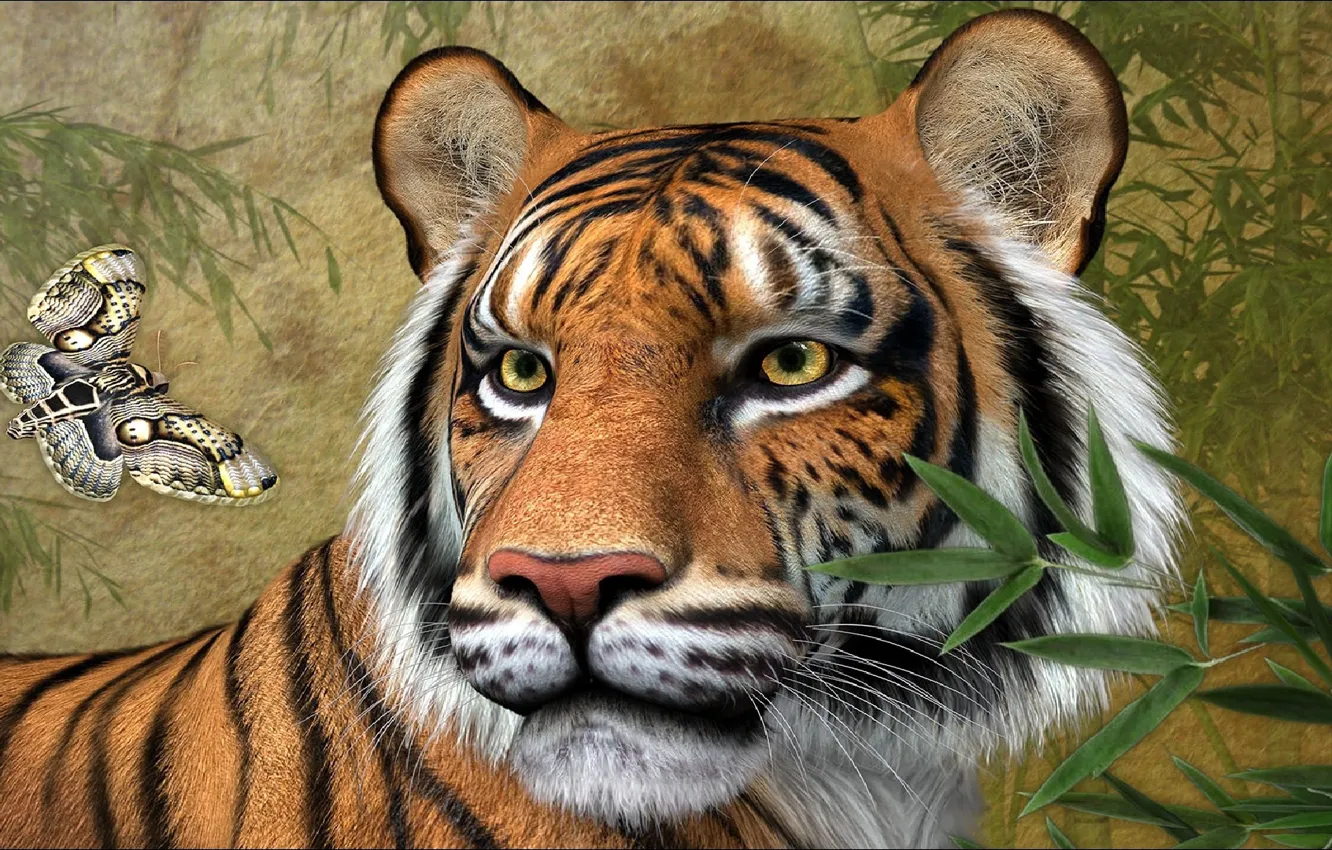 Фото обои тигр, бабочка, живопись, tiger, butterfly, painting, rendering, Picture