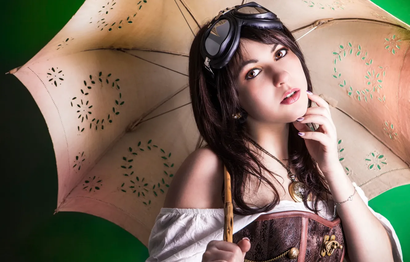 Фото обои девушка, зонт, очки, Steampunk, кареглазая