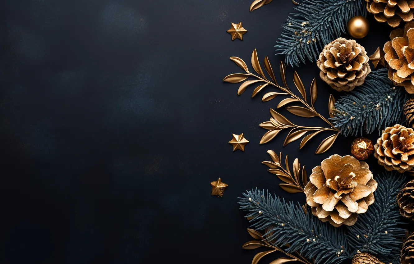 Фото обои украшения, фон, Рождество, Новый год, golden, new year, Christmas, шишки