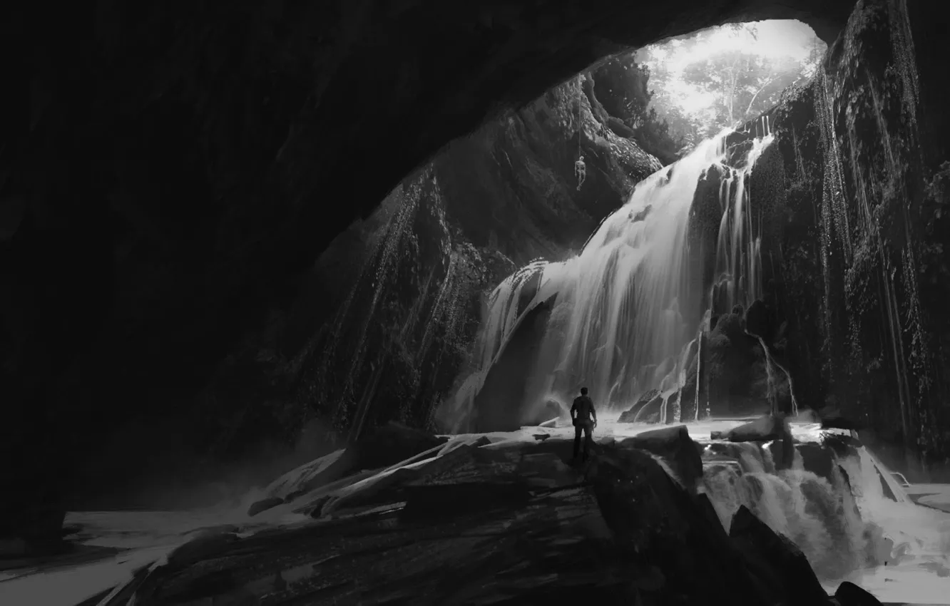 Фото обои Водопад, Пещера, Дрейк, Натан, Uncharted 4: A Thief’s End, Uncharted 4: Путь вора