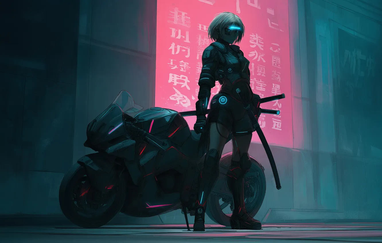 Фото обои science fiction, motorcycle, katana, women, AI art, cyberpunk, illustration