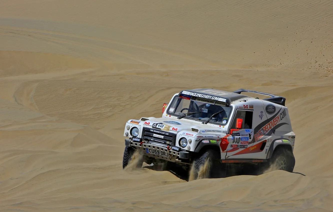 Фото обои Песок, Белый, Гонка, Land Rover, Rally, Dakar, Внедорожник, Defender