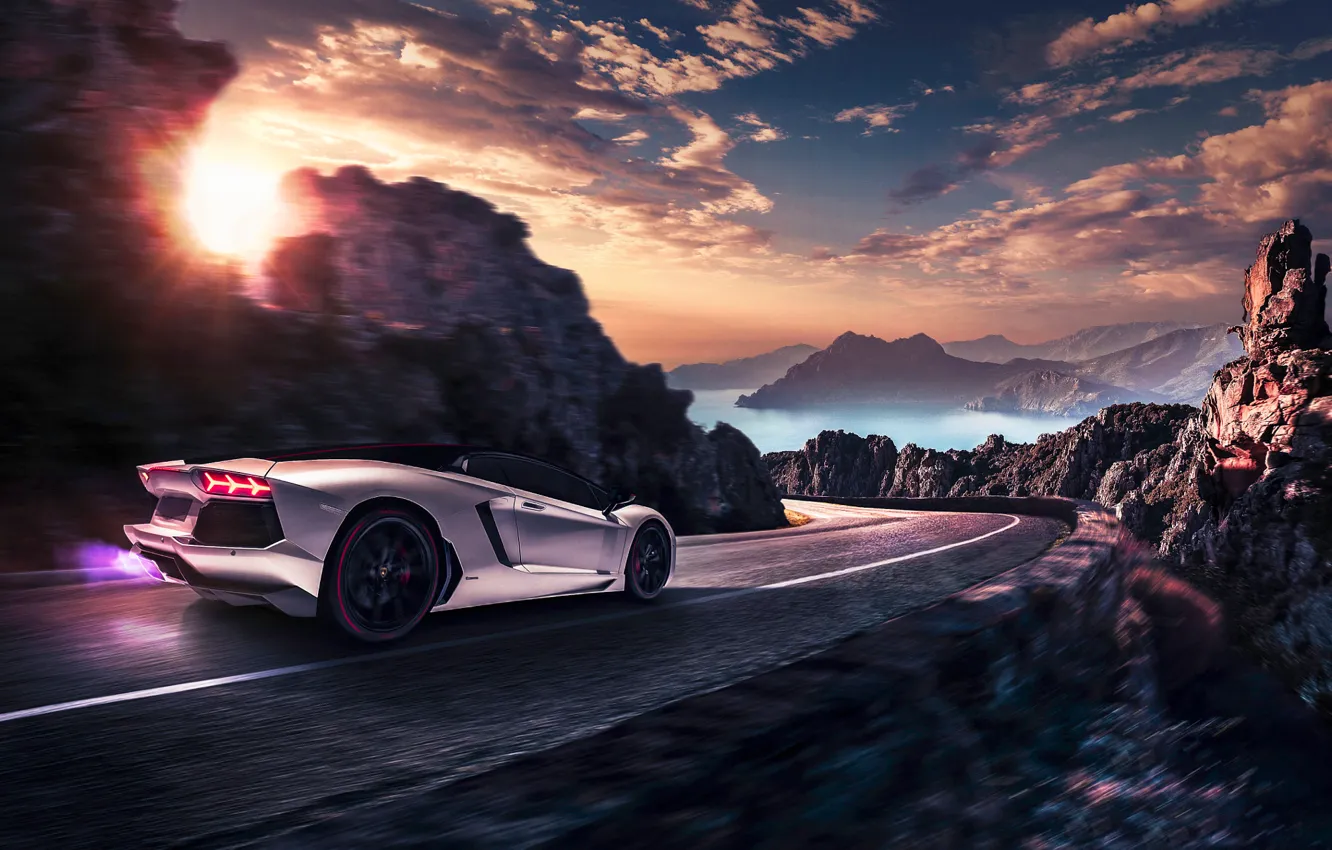 Фото обои Lamborghini, Landscape, Sunset, LP700-4, Aventador, Pirelli, Supercar, Edition