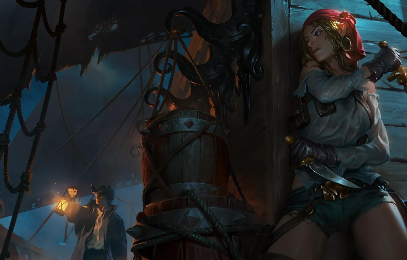 Фото обои девушка, ночь, корабль, пираты, палуба, в засаде, часовой, Bilgewater