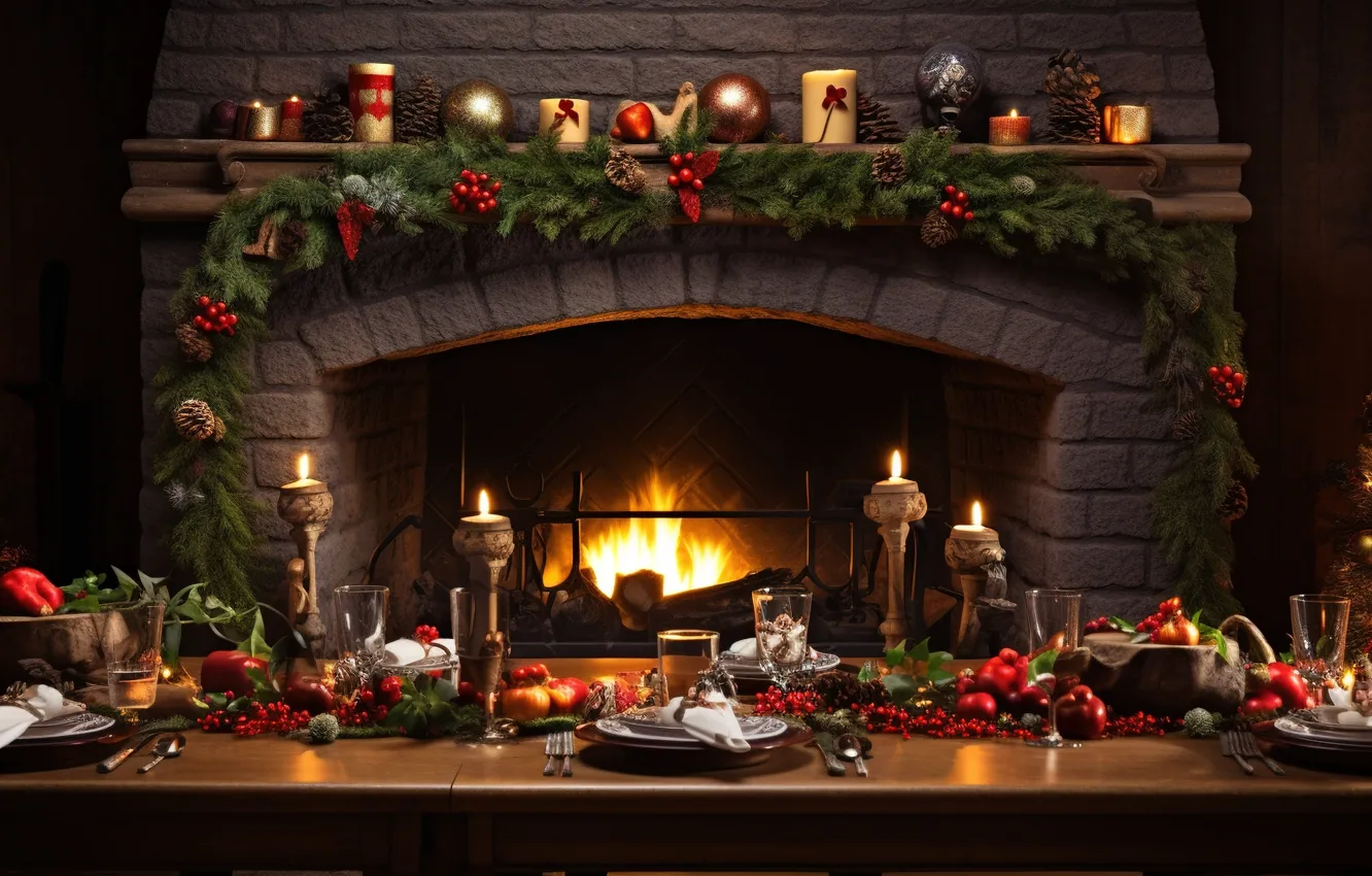 Фото обои украшения, стол, комната, шары, елка, интерьер, Новый Год, Рождество