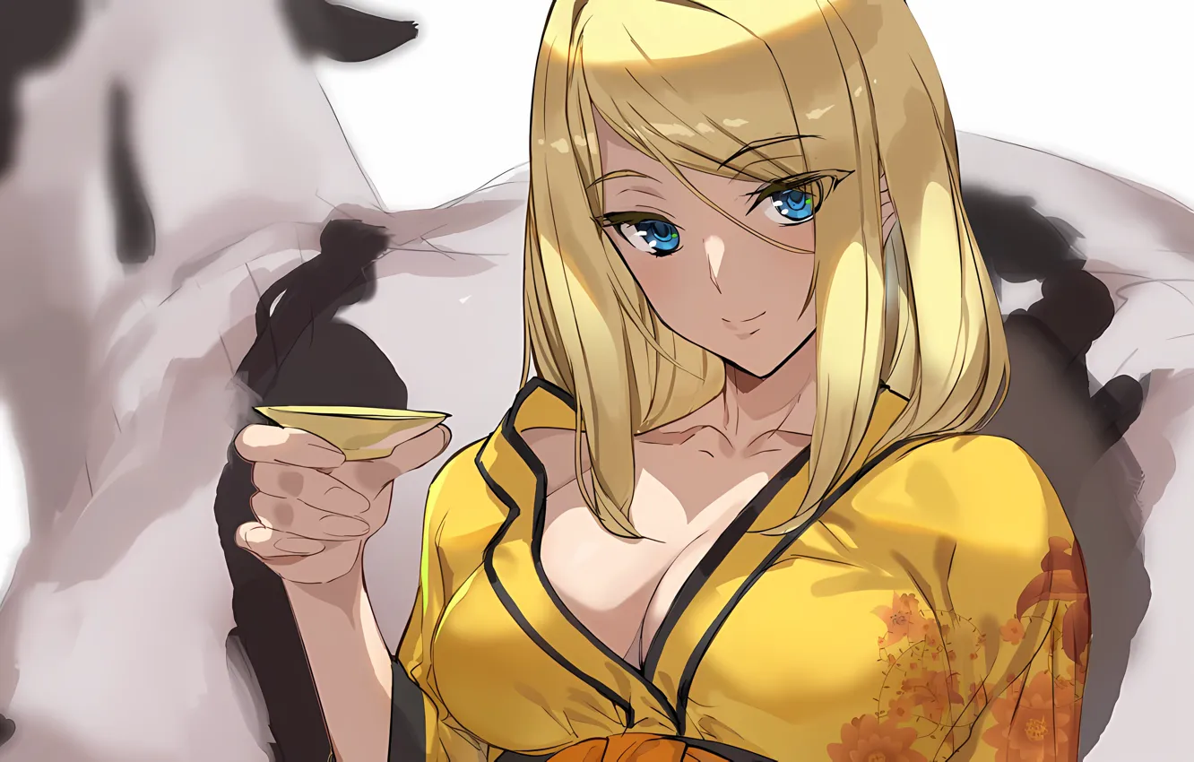 Фото обои girl, sexy, yukata, cleavage, long hair, dress, boobs, anime