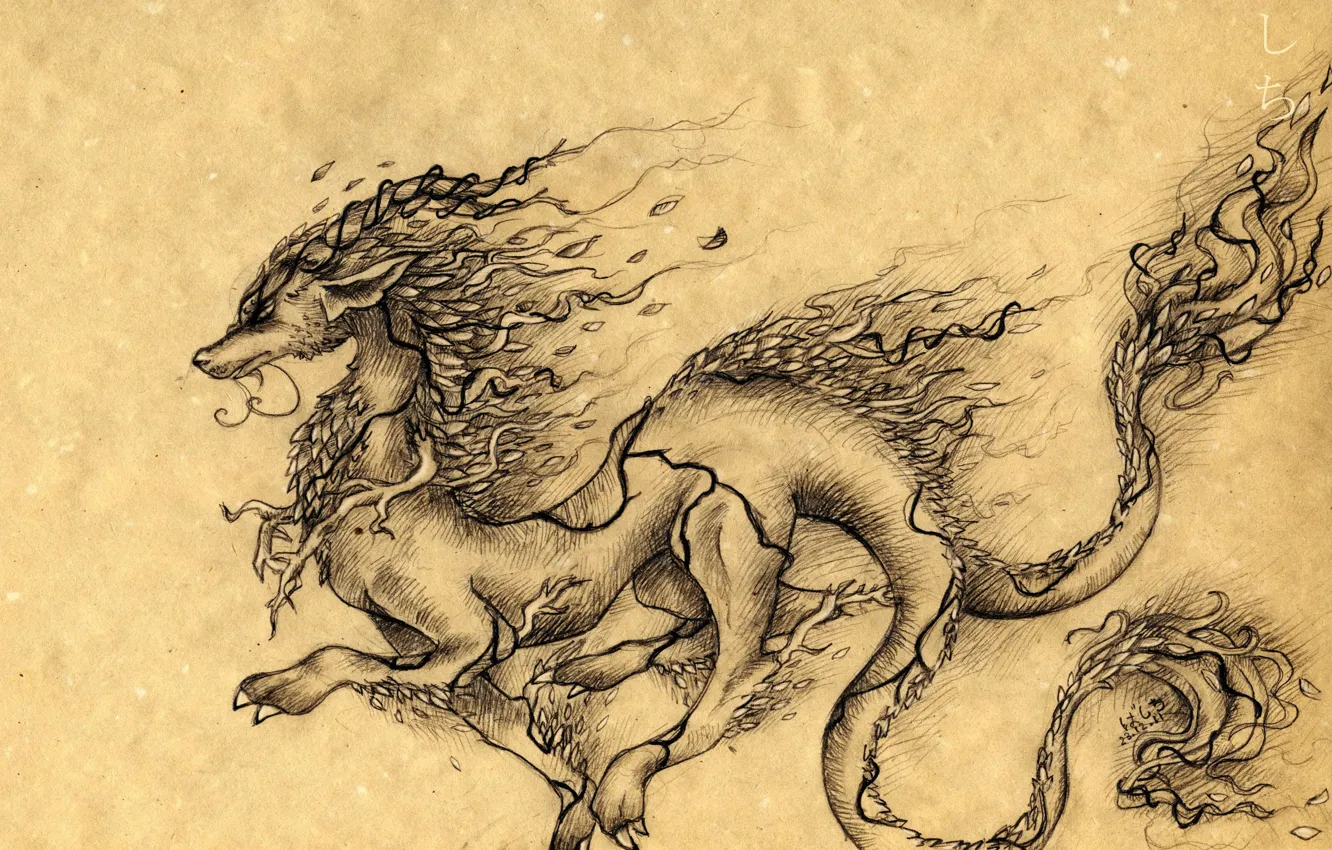 Фото обои листья, бумага, дракон, рисунок, ветка, арт, иероглифы, рога