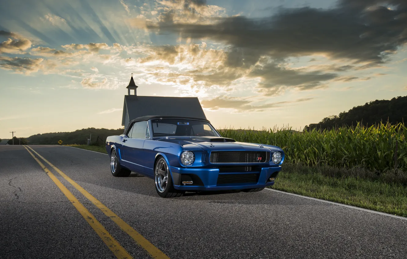 Фото обои Mustang, Ford, Ford Mustang, Blue, Front, 1965, Road, Convertible