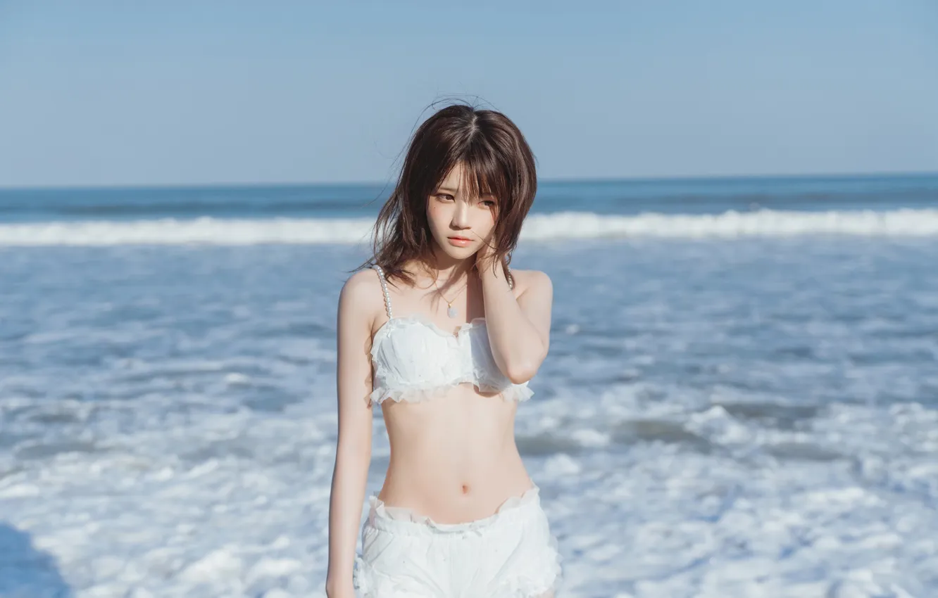 Фото обои Beautiful, Asian, Model, Coast, Beach, Water, Woman, Ocean