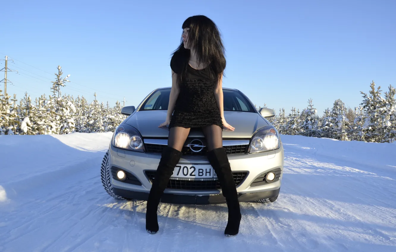 Фото обои зима, дорога, авто, девушка, Девушки, Opel