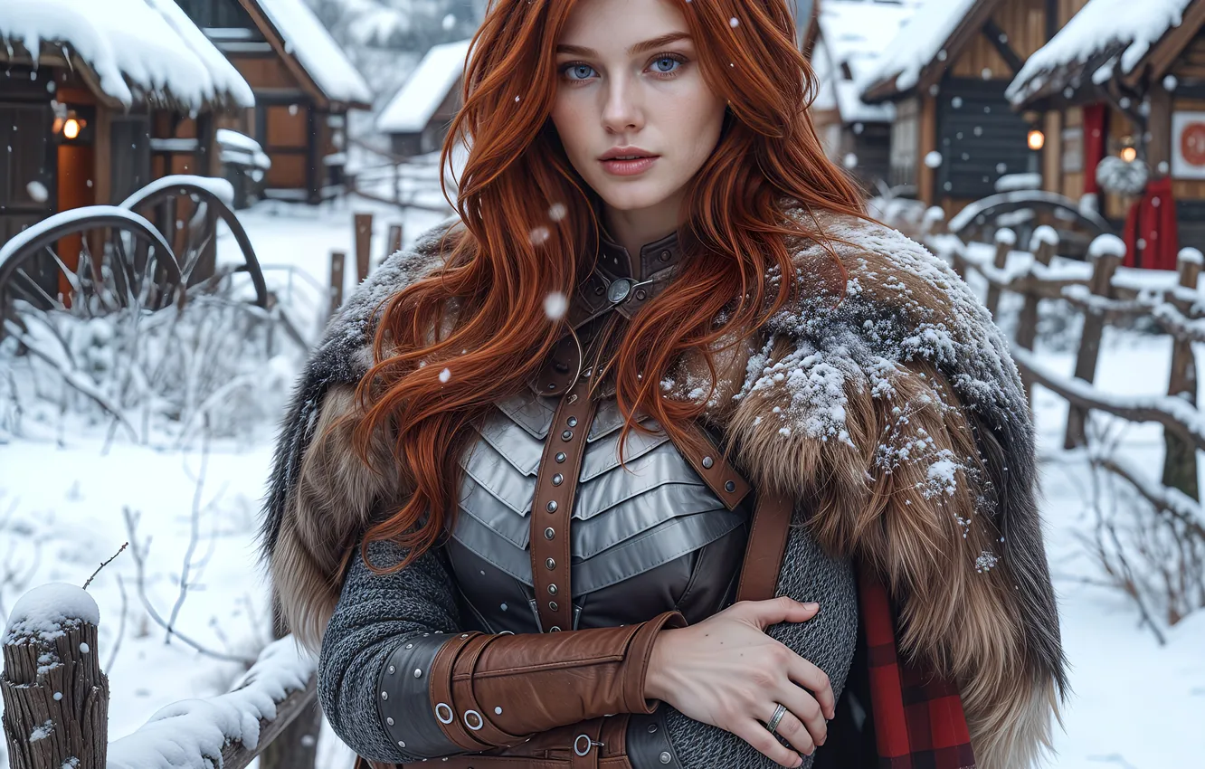 Фото обои зима, взгляд, девушка, снег, поза, забор, портрет, руки
