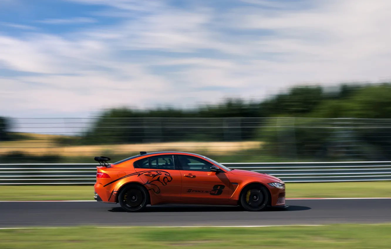 Фото обои оранжевый, скорость, Jaguar, профиль, 2017, XE SV Project 8