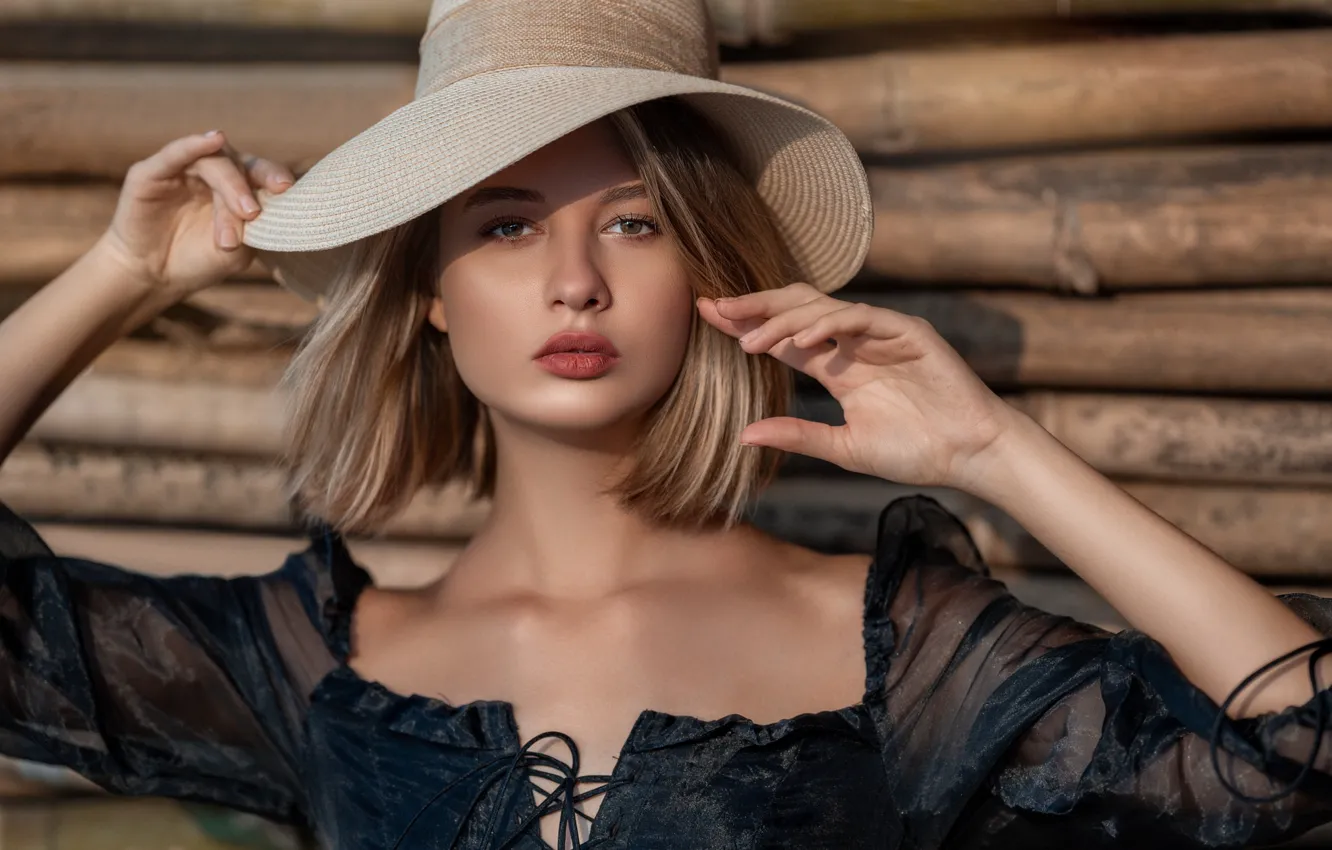 Фото обои взгляд, девушка, лицо, поза, фото, модель, шляпа, губы
