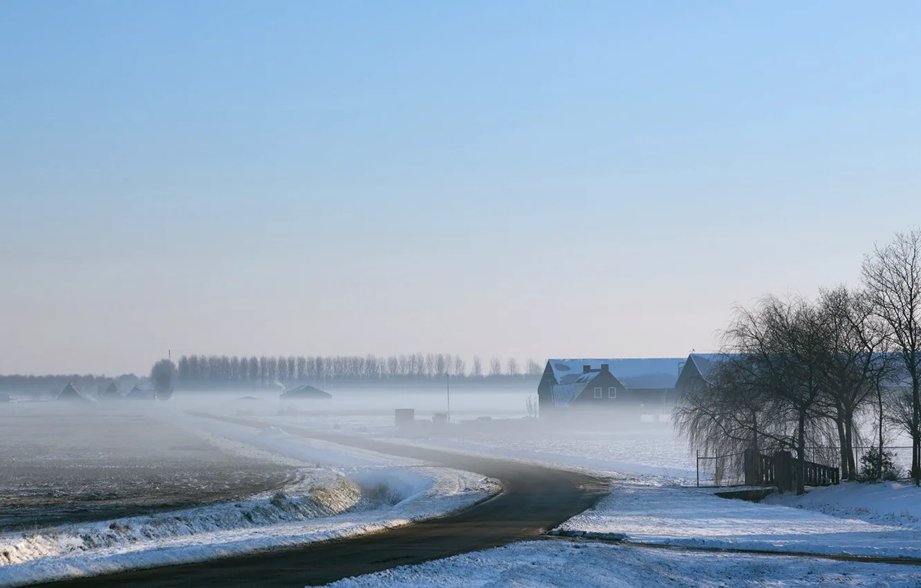 Фото обои зима, дорога, поле, туман