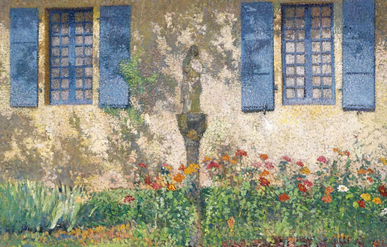 Фото обои цветы, дом, окна, картина, Анри-Жан Гильом Мартин, Henri Matrin, The Parterre under the Windows