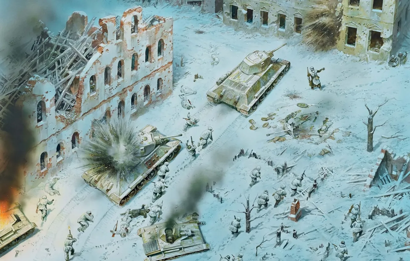 Фото обои зима, город, рисунок, солдаты, наступление, т-34, Великая Отечественная война, советская пехота