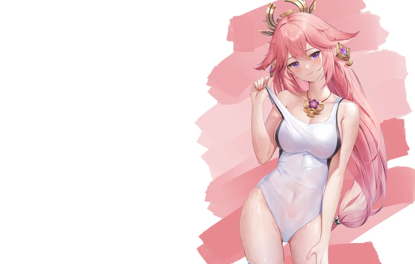Фото обои girl, hot, sexy, pink hair, boobs, sexy girl, pink, anime