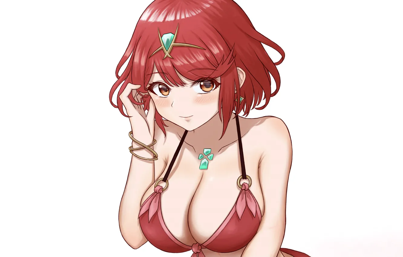 Фото обои girl, sexy, cleavage, red hair, boobs, anime, beautiful, short hair