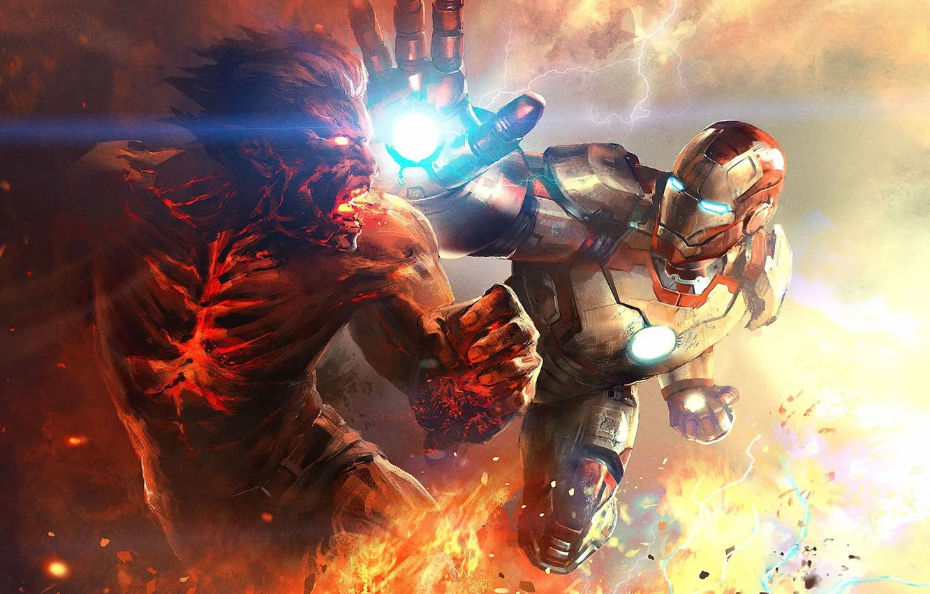 Фото обои металл, огонь, арт, битва, Iron Man 3