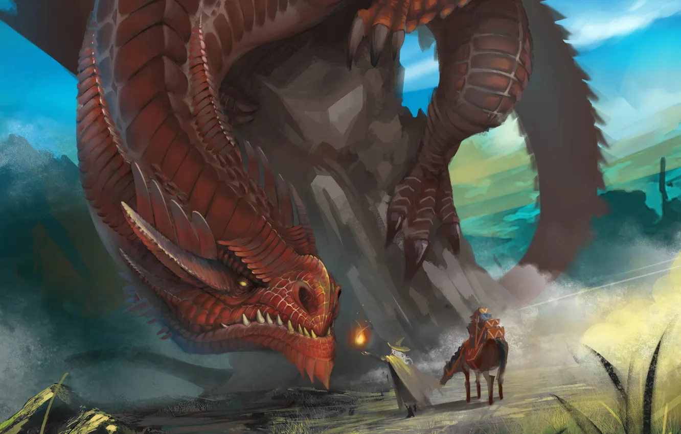 Фото обои скала, огонь, дракон, лошадь, арт, старик, волшебник, гигантский